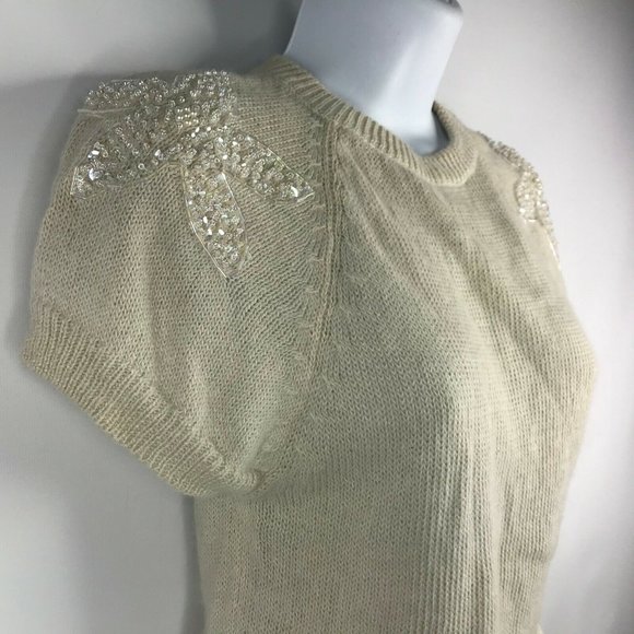 Vintage 80s The Italian Mob Floral Beaded Ivory Fuzzy Angora Blend Sweater - Picture 4 of 9